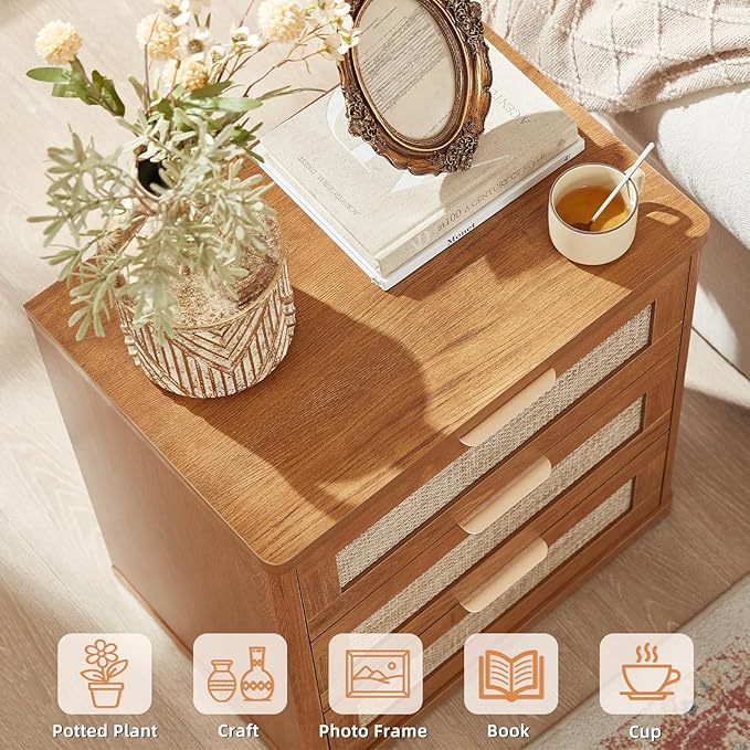 LEYAOYAO Boho Rattan Coffee Table and End Table Sets, 48" Wide Center Tables & 23" Night Stand with 3 Drawers, Brown Wood Coffee Table for Living Room 2 Piece Set