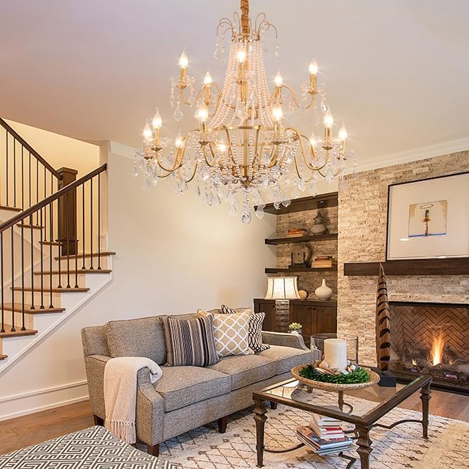40" Large Brass Crystal Chandeliers,Gold Brushed Brass Chandelier for High Ceiling Living Room Dining Room Staircase Hallway Entryway Foyer(15-Light, Bulb Included)