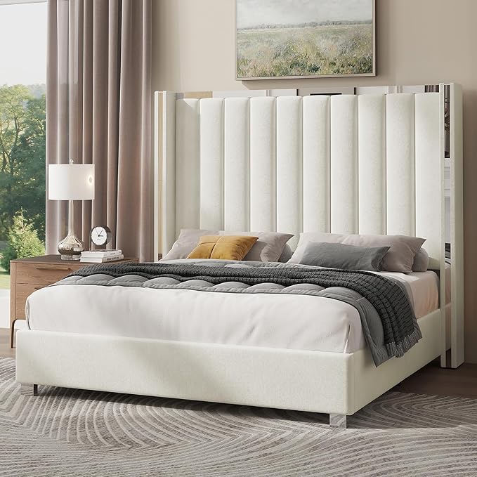 Jocisland King Size Bed Frame with 58" Tall Headboard, Platform Velvet Upholstered Bed with Channel Tufted Wingback Headboard and Plating Trim, No Box Spring Needed, Cream
