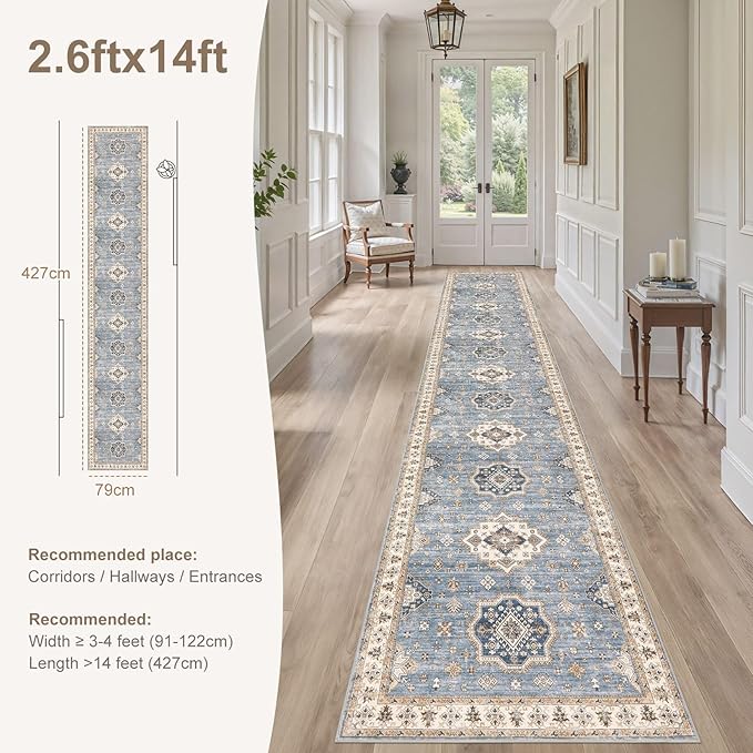 Washable 2.6x14 Runner Rug - Area Rugs Neutral Vintage Distressed Floral Farmhouse Boho Large Soft Floor Rug Indoor Carpet for Hallway Entryway Home - Blue