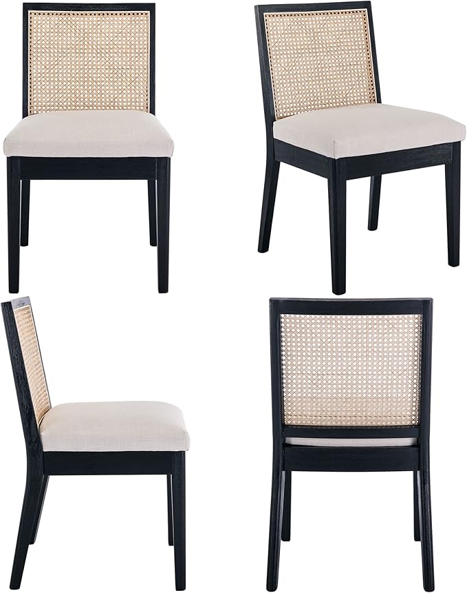 VESCASA Upholstered Dining Chairs with Square Wooden Rattan Back, Armless Padded Linen Cushion Dining Chairs with Wood Legs for Dining Room, Kitchen, Set of 4, Black Frame