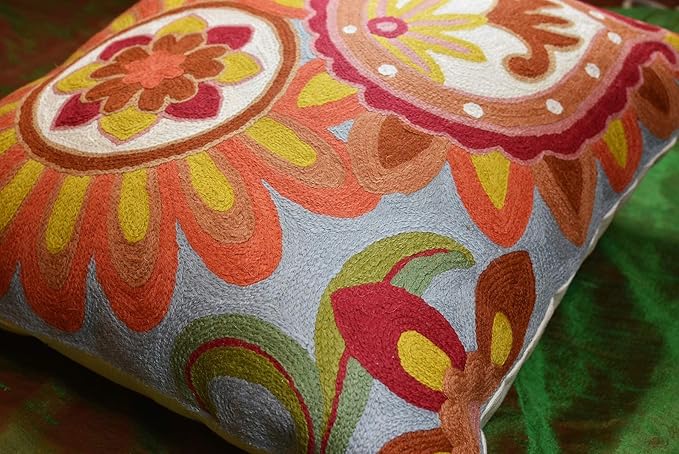 Soft Turquoise Hand Embroidered Floral Pillow Cover Flower Pillows Loral Outdoor Pillowcase Suzani Cushions Flower Chair Cushion Hand Embroidered Wool Size 18x18