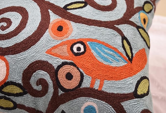 Tree of Life Birds Pillow Cover Teal Blue Floral Pillowcase Botanical Floral Outdoor Suzani Cushions Traditional Flower Cushion Hand Embroidered Cushions Wool Size - 18x18