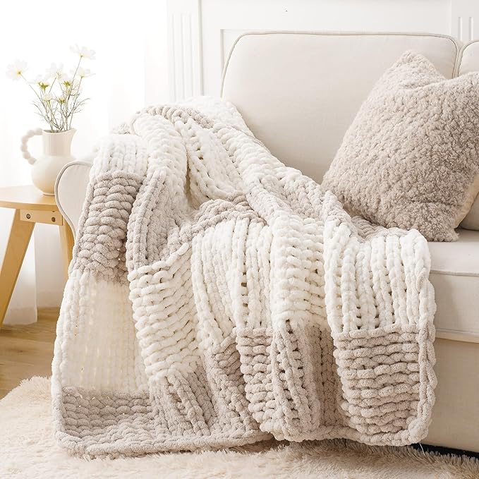 Battilo Chunky Knit Throw Blanket, Soft and Thick Chenille Throw Blanket, 50"x60" Handmade Cable Knit Crochet Blanket, Large Rope Knot Throw Blankets for Couch Sofa Bed Home Decor, Beige & White