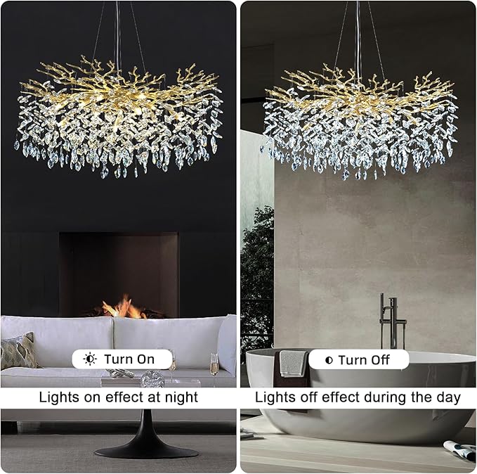 Modern Crystal Chandeliers for Dining Room Over Table, 40" Round Gold Tree Branche Chandelier, Large Crystal Chandelier for Living Room,High Ceiling,Foyer,Entryway,Kitchen Island,Staircase