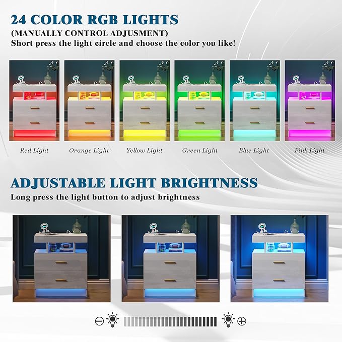 Night Stand with Light, High Gloss Nightstand with USB/Wireless Charging Station, LED White Nightstands with Storage Drawers, RGB Side End Table for Bedroom Furniture(White