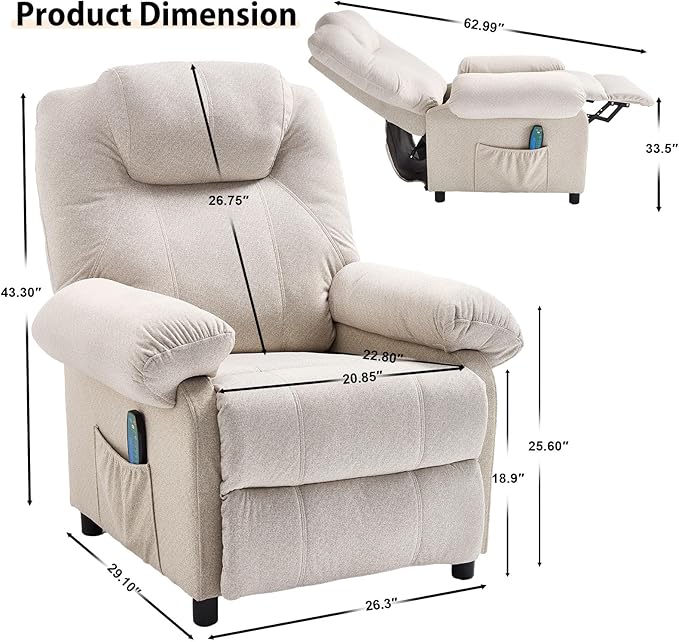 KCREAM Massage Chair Recliner with Heating,Recliner Chair for Adults,Small Recliners for Small Spaces Overstuffed Reclining Chairs Single Sofa Recliners with Side Pocket for Living Room,Fabric Beige