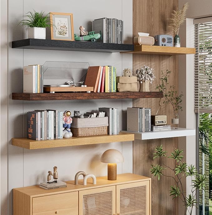 Heimlove 12" Deep Floating Shelves for Wall, 24 Inch Wall Shelf Bathroom Shelves Set of 2, Wall Mounted Shelves for Books Living Room Laundry Room Bedroom Kitchen Home Office, Rustic Brown