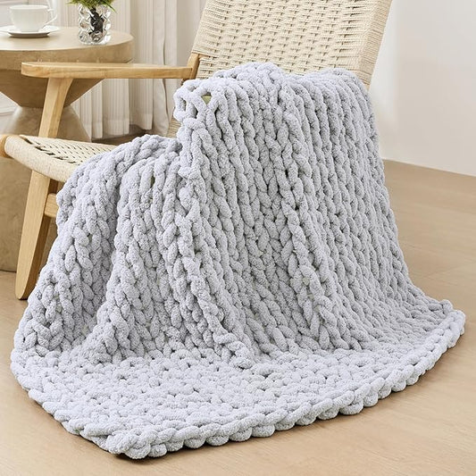 Bigacogo Chunky Knit Throw Blanket for Couch, 40x40 inches, 100% Hand Knitted with Thick Jumbo Chenille Yarn, Cozy Soft Large Rope Knot Cable Crochet Blankets for Sofa Bed Living Room, Light Grey
