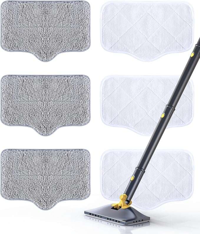 ScrubWiz Steam Mop Pads with Washable and Reusable, 6 Pack Replacement, 2 Material Types Accessories Compatible With Steamer Mop for Cleaning Floors and Carpets, White and Gray