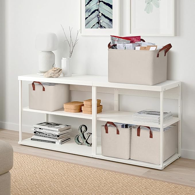 KEEGH Storage Baskets for Organizing, Fabric Storage Bins for Shelves with Leather Handle, Shelf Baskets for Closet Organization Closet Organizer Bins for Clothes, 15" L x 11" W x 10" H, Beige, 4 Pack