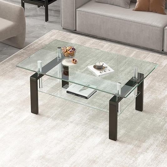 Glass Coffee Table Rectangle Living Room Center Table, with Tempered Glass Tabletop Black Metal Leg,for Living Room and Office (Dou-Clear Glass)