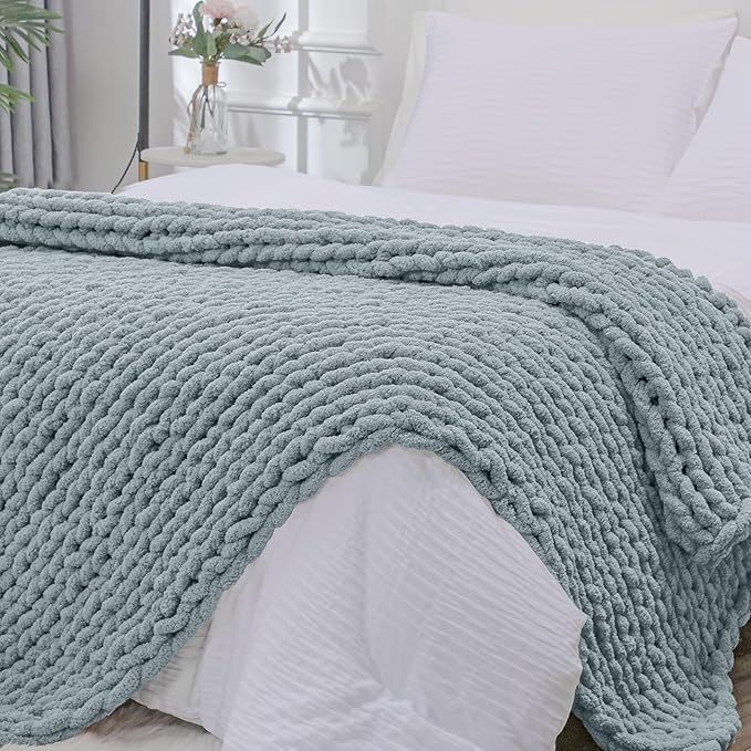 Bigacogo Chunky Knit Throw Blanket for Couch, 40x80 inches, 100% Hand Knitted with Thick Jumbo Chenille Yarn, Cozy Soft Large Rope Knot Cable Crochet Blankets for Sofa Bed Living Room, Dusty Blue