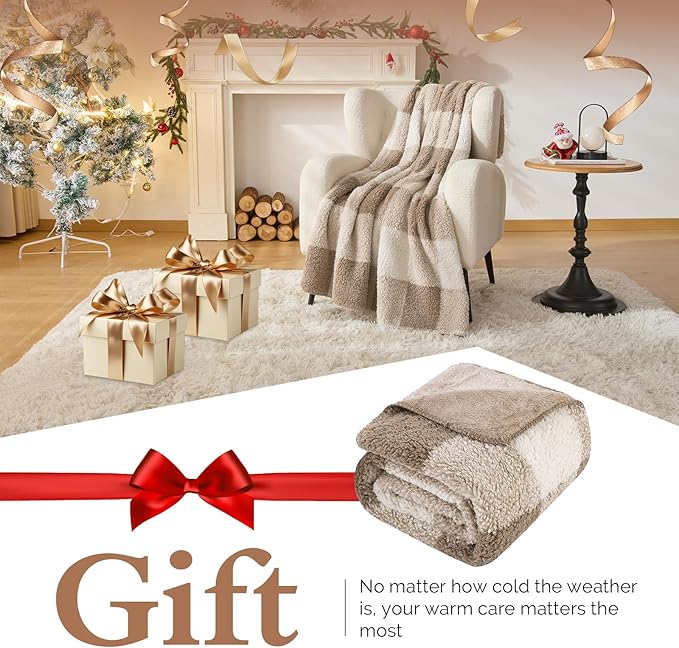 LURKA Checkered Sherpa Fleece Twin-Size Bed Blanket - Extra Thick and Warm Winter Soft Fuzzy Plush Blanket for Couches, Beds & Pets, Khaki, 60x80 Inches