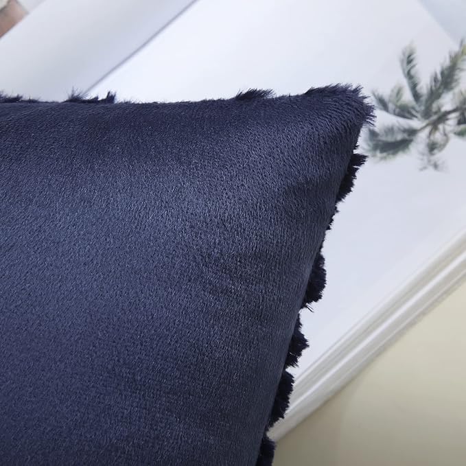 decorUhome Fall Throw Pillow Covers 22x22 Inch Set of 2, Soft Plush Decorative Faux Fur Navy Blue Solid Couch Pillow Covers, Accent Farmhouse Neutral Square Euro Pillow Cases for Sofa Bed Living Room