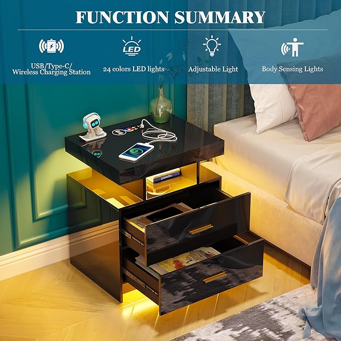 Night Stand with Light, High Gloss Nightstand with USB/Wireless Charging Station, LED Black Nightstands with Storage Drawers, RGB Side End Table for Bedroom Furniture(Black)