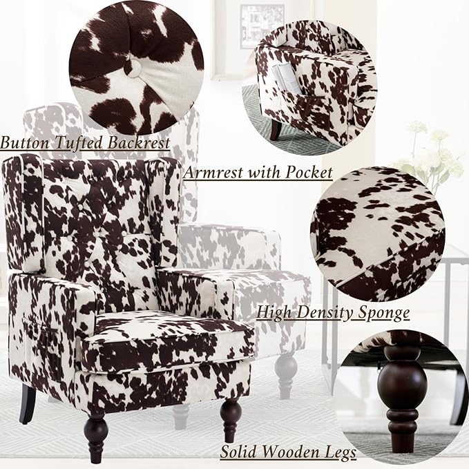 Mid-Century Accent Chair, Upholstered Arm Chair Linen Fabric Side Chair with High Back Solid Wooden Legs, Comfy Reading Chair for Living Room Bedroom, Milk Cow