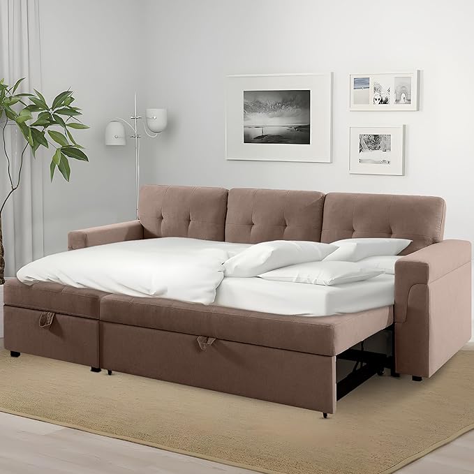 Naomi Home Transform Any Space: Sleeper Sectional Sofa with Convertible Sofa Bed & Inviting Chaise. Find Tranquil Comfort with Stress-Relieving Design & Durable Cushions - Mocha/Velvet
