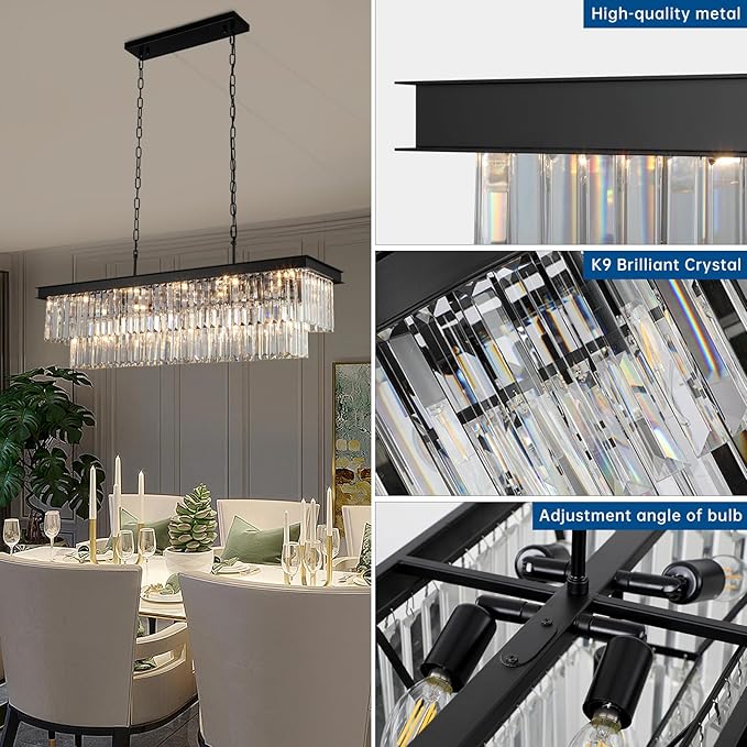 Crystal Chandeliers for Dining Room Light Fixtures Over Table,15-Lights Black Modern Rectangle Chandeliers for Kitchen Island Bar L40 Inch