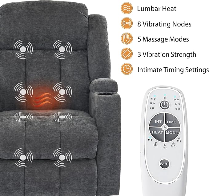 Power Lift Recliner Chair for Elderly with Massage and Heat, Recliner Chairs for Adults, Upgraded Fabric Reclining Sofa Chair with USB & Type-C Ports and Cup Holders, L1188(Grey)