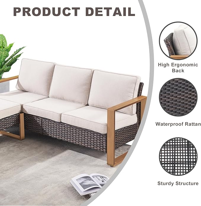Outdoor Wicker Patio Furniture Set - 5 Piece Patio Conversation Set with 2 Wicker Armrest Chairs,2 Rattan Ottoman and 1 Couch,Sturdy Frame,Thick Cushions,Deep Seating(Brown/Beige)