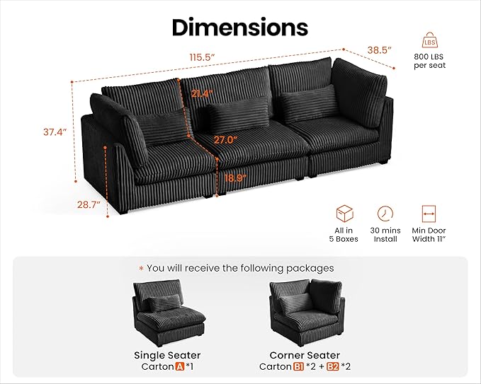 Oversized Modular Sofa, Extra Deep Cloud Corduroy Sectional Couch with Ottoman Chaise, Fluffy Chenille 3 Seater Sofa for Living Room, Villa (Basic 3 Seater, Corduroy Black)