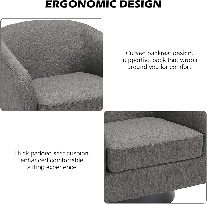 Swivel Barrel Accent Chair, Modern Round Linen Arm Chair for Living Room, Bedroom, Comfy Club Reading Chairs for Adults(Linen Fabric, Grey, Set of 1