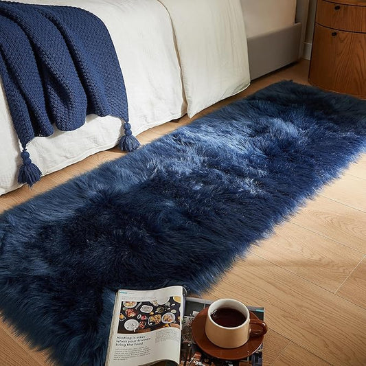AMTOVO Faux Fur Rug, Dark Blue Ultra Soft Fluffy Shag Sheepskin Rug, 2 x 6 ft Runner Area Rugs for Bedroom Sofa Throw Cushion Room Decor, Rectangle