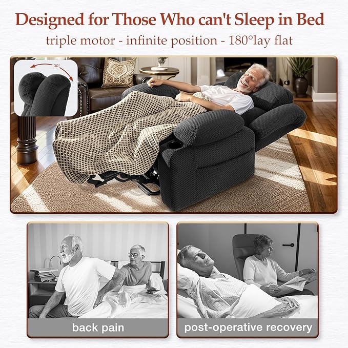 Three Motor Large-Wide Power Lift Chairs Recliners for Big and Tall Elderly, 180° Lay Flat Lift Chair, Infinite Position, Power Headrest, Heat & Vibration Massage (Plush Flannel, Dark Gray)