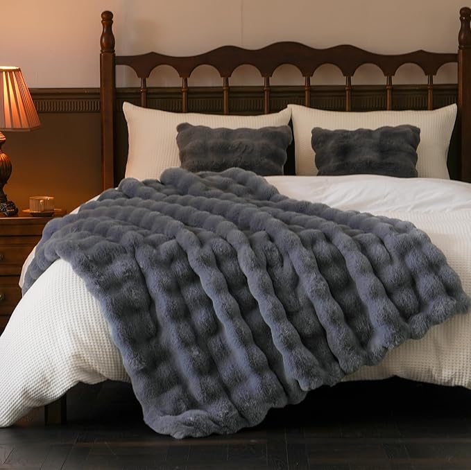 BENVWE Faux Fur Throw Blanket for Couch - Thickened Fluffy Soft Bubble Blanket for Living Room Home Decor - Fathers Day Birthday Gifts for Women Men, Grey, 50" x 60", 1300GSM