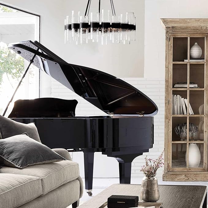 Round Black Glass Wagon Wheel Chandelier, Chandelier with Water Ripple Textured Recycled Clear Glass Piece, Modern Industrial Pendant Light with Metal Frame, Lighting Fixture for Living Room, Foyer