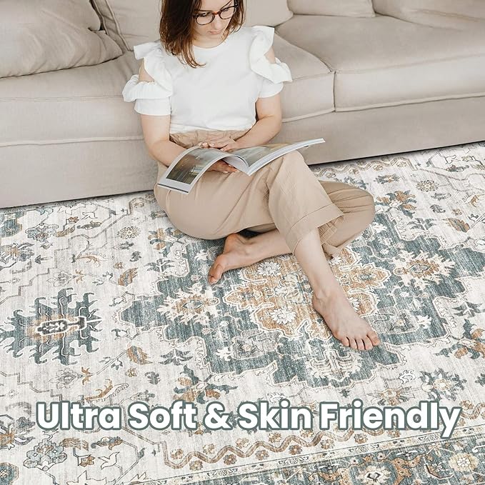 Washable Area Rugs for Living Room - 7x9 Neutral Vintage Distressed Floral Farmhouse Boho Large Soft Floor Rug Indoor Non Slip Carpet for Living Room Bedroom Dining Room Office - Green/Grey