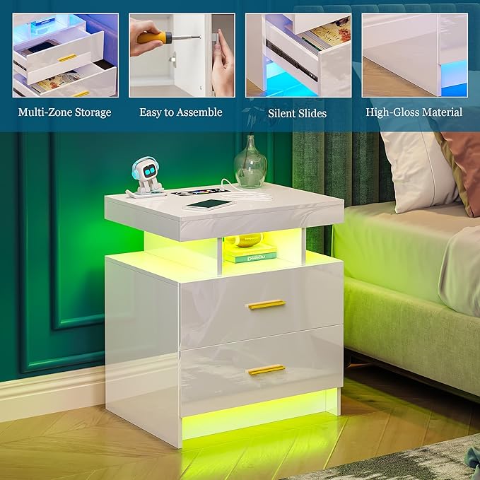 Night Stand with Light, High Gloss Nightstand with USB/Wireless Charging Station, LED White Nightstands with Storage Drawers, RGB Side End Table for Bedroom Furniture(White