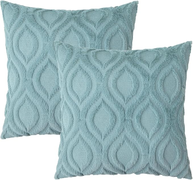 decorUhome Fall Throw Pillow Covers 18x18 Inch Set of 2, Soft Plush Decorative Faux Fur Aqua Solid Couch Pillow Covers, Accent Farmhouse Neutral Square Euro Pillow Cases for Sofa Bed Living Room