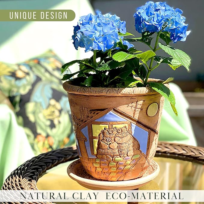 Ceramic Pot with Drainage Hole and Saucer, Plant Pots, Modern Decorative Planters for House Plants Indoor Flowers Plants, Cute Flower Pot - Gifts (Cats (3 L))