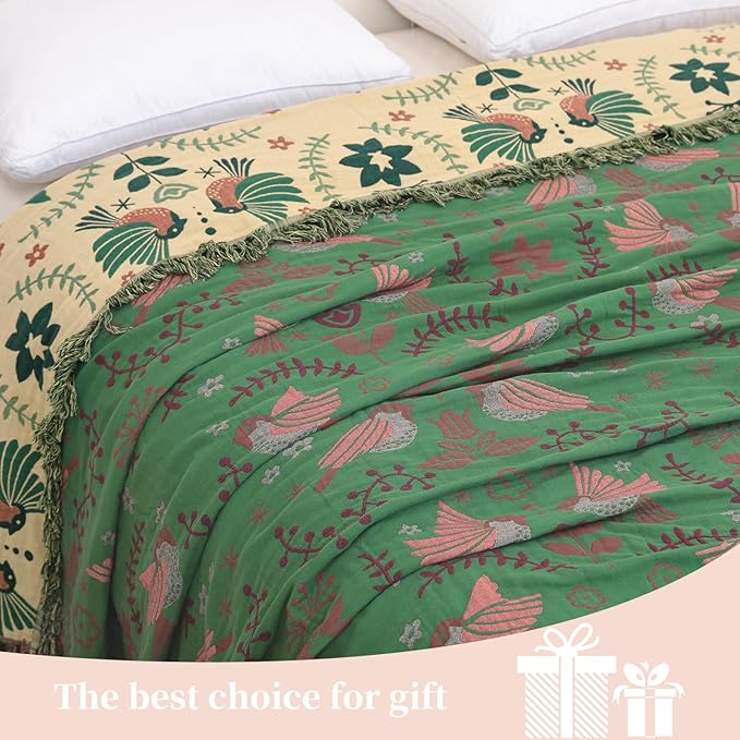Boho Throw Blanket for Bed, 100% Pure Cotton Ultra Soft Rustic Quilt, Farmhouse Decor Bed Blankets, All Season Rustic Throw for Sofa Couch Chair(91''x 98'', Bird B)