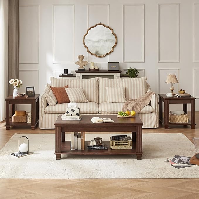 Farmhouse Coffee Tables for Living Room,Square Living Room Tables with Open Storage Shelf,Large Modern Coffee Table,Rustic Brown Center Table,Walnut