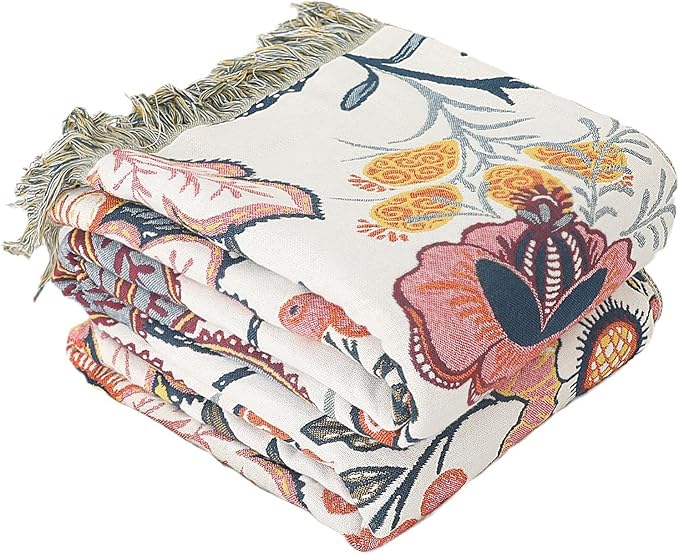 Snycler Boho Throw Blanket for Bed, 100% Organic Cotton Muslin Soft Throw-Floral Farmhouse Rustic Spring Summer Fall Decor Blanket for Couch Sofa Quilt and Gift, 80" x 90" White