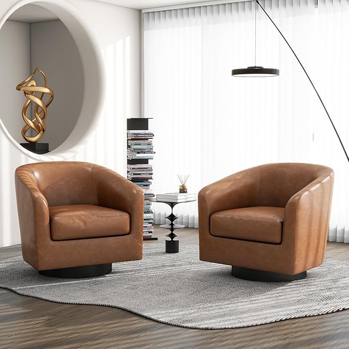 Swivel Barrel Accent Chair, Modern Round Faux Leather Arm Chair for Living Room, Bedroom, Comfy Club Reading Chairs for Adults-Faux Leather, Brown, Set of 1