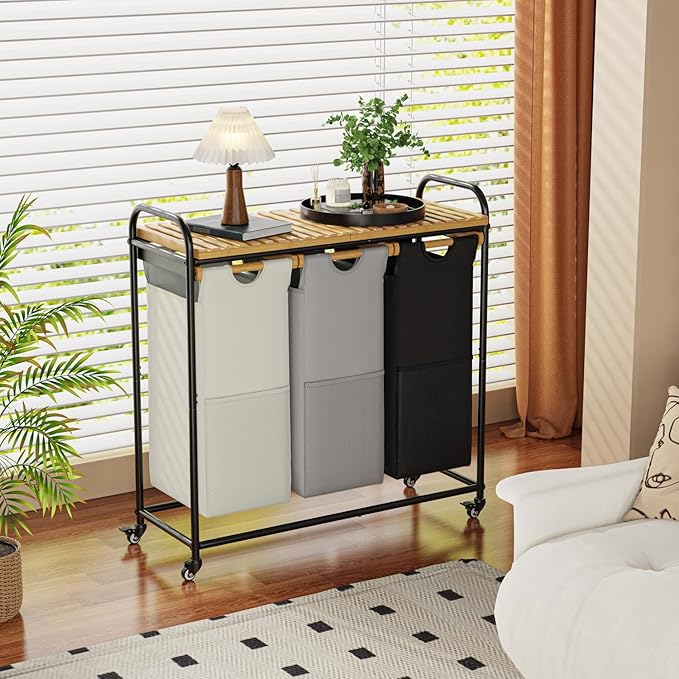 Laundry Hampers 3 Section, Laundry Sorter with Removable Shelf and Pull-Out Bags, Clothes Hampers with Wheels Rolling Cart Basket for Laundry Room Bathroom, 3 x 40 L (Black White Gray)