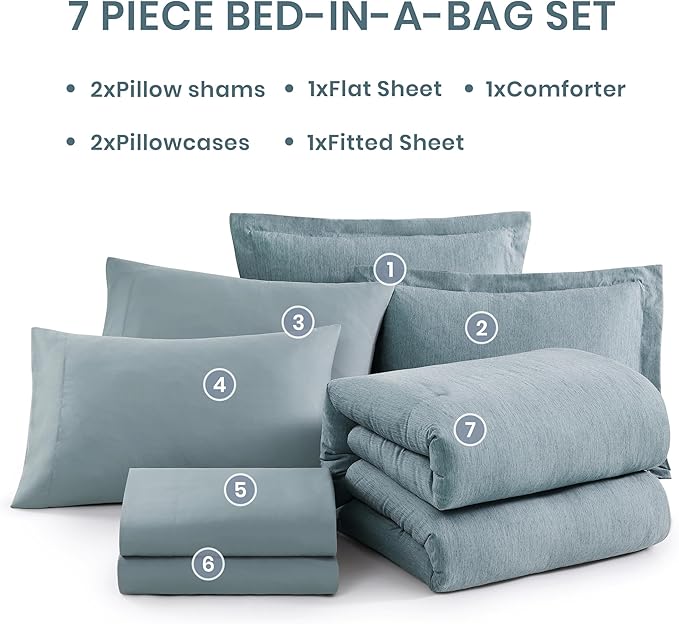 Monbix Queen Comforter Set - 7 Pieces Dusty Blue Cationic Dyeing Bed in a Bag Queen Bedding Sets with Sheets, Pillowcases & Shams, Reversible Bedding Comforters