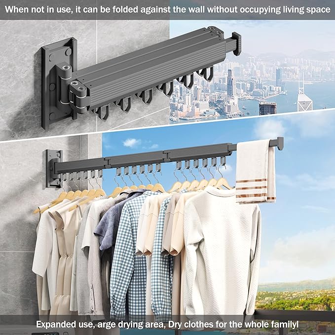 Wall Mounted Clothes Drying Rack - Foldable, Retractable Laundry Hanger with Grey-Rings