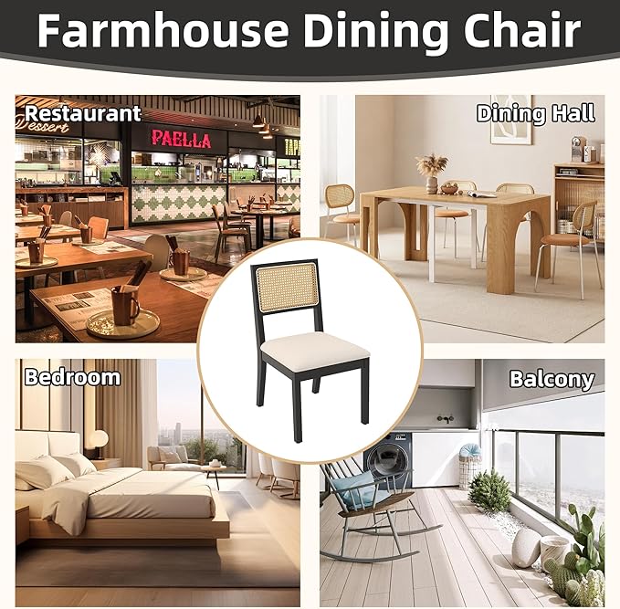 Westice Rattan Dining Chairs Set of 6, Farmhouse Natural Dining Room Chairs with Upholstered Cushion, Wood Armless Chairs for Kitchen/Restaurant, Black