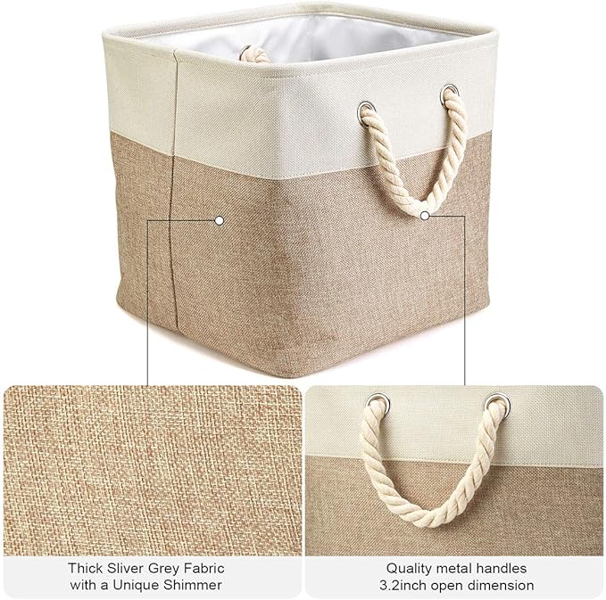i BKGOO 3Pack Large Foldable Storage Bins,Collapsible Sturdy Cationic Fabric Organizing Storage Basket Cube with Cotton Handles for Home Office Shelf Clothes Toys White-Khaki 13×13×13 inch