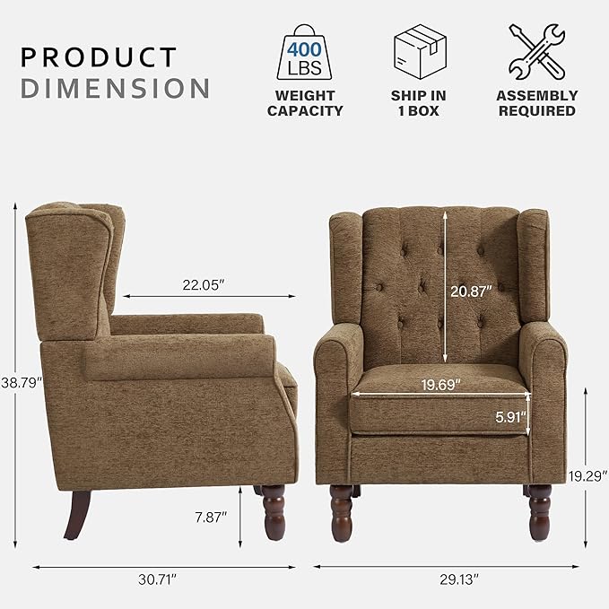 Lumibee High Back Accent Chair Set of 2,Upholstered Wingback Armchair with Solid Wood Legs for Small Spaces,Comfy Single Sofa Chair for Living Room,Bedroom,Office-Brown