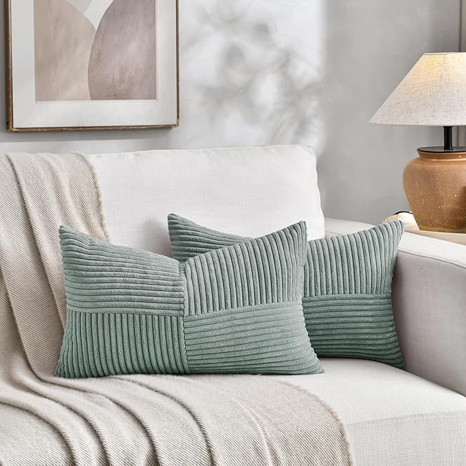 Fancy Homi 2 Packs Grey Blue Lumbar Decorative Throw Pillow Covers 14x24 Inch for Couch Bed Sofa, Rustic Farmhouse Boho Home Decor, Soft Striped Corduroy Rectangle Accent Cushion Case 35x60 cm