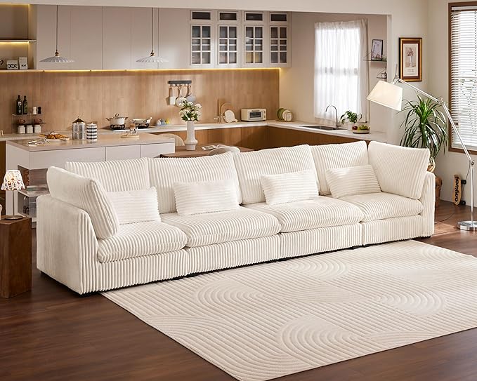 Oversized Modular Sofa, Extra Deep Cloud Corduroy Sectional Couch with Ottoman Chaise, Fluffy Chenille 4 Seater Sofa for Living Room, Villa (Basic 4 Seater, Corduroy White)