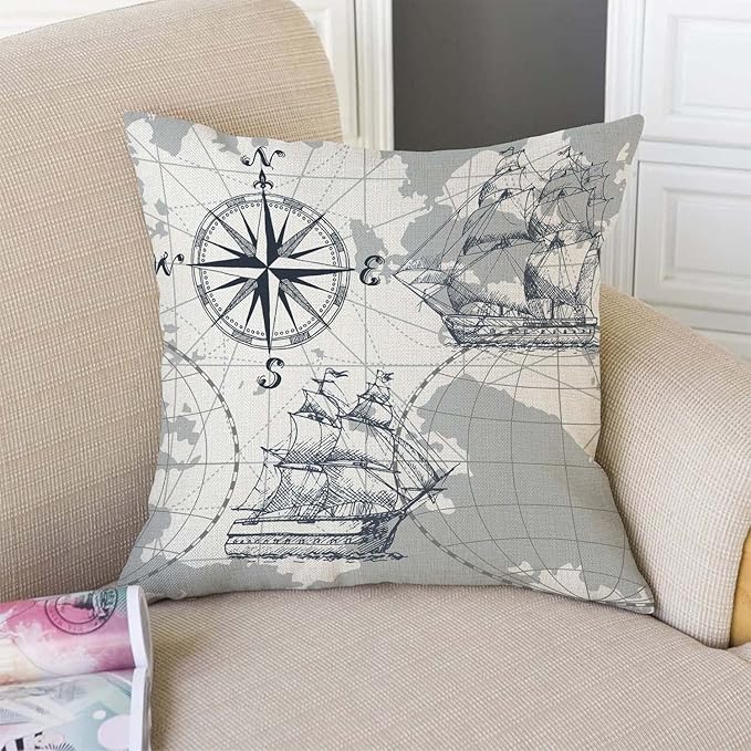 TSSOHU Nautical Sailboat Map Throw Pillow Cover Ship Anchor Cotton Linen Decorative Pillow Case Cushion Cover Home Sofa Decor 18x18 Inch Pillow Cover