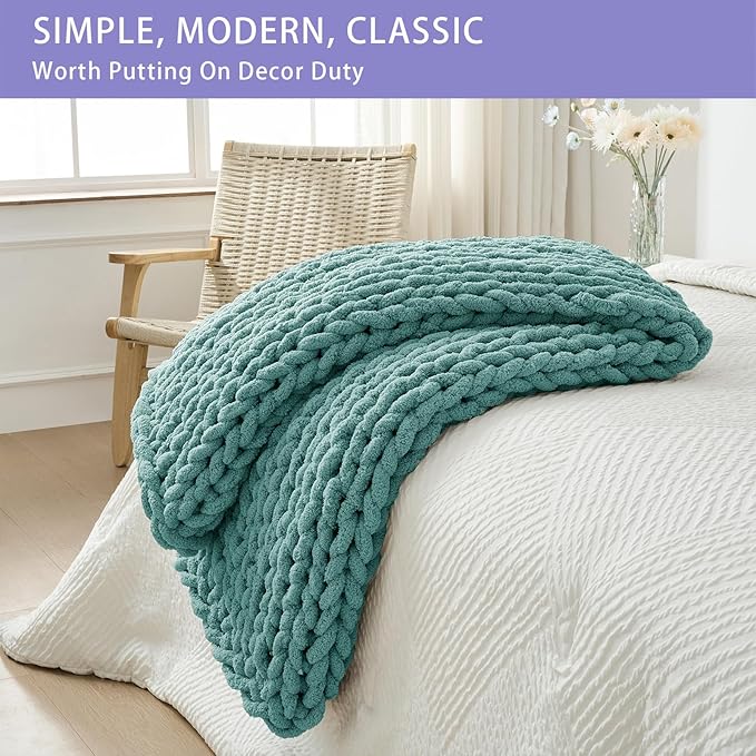 Bigacogo Chunky Knit Throw Blanket for Couch, 40x40 inches, 100% Hand Knitted with Thick Jumbo Chenille Yarn, Cozy Soft Large Rope Knot Cable Crochet Blankets for Sofa Bed Living Room, Light Teal