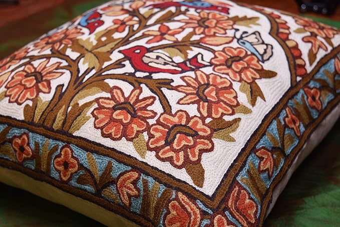 Tree of Life Pillow Cover - Gold Birds & Floral Suzani Cushions - Designer Flower Pillows - Modern Hand Embroidered Wool - Size 18x18